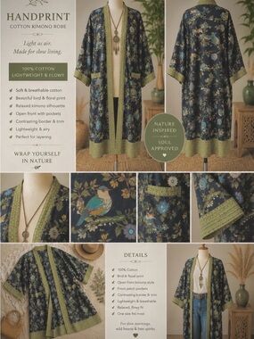 Handprint Cotton Kimono Robe - Navy Floral with Olive Trim
